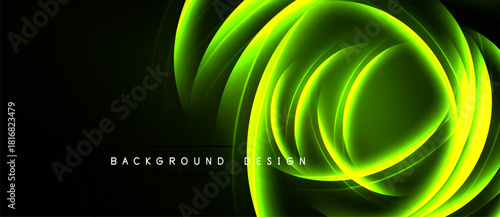Abstract green swirls dominate dark background. Dynamic lines create flowing, modern visual effect. Text reads background design.