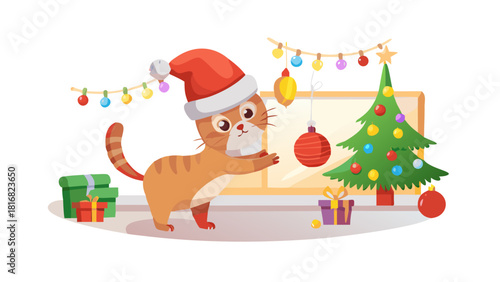 Cartoon Christmas cat wearing a Santa hat playing with shiny ornaments inside a decorated holiday living room.