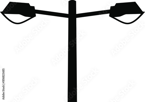 A simple black silhouette of a double headed street lamp post against a pure white background symbolizing urban lighting and infrastructure