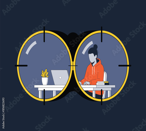 Illustration of person working on a laptop, viewed through binoculars, symbolizing remote work, observation, surveillance, or focused research in a digital environment
