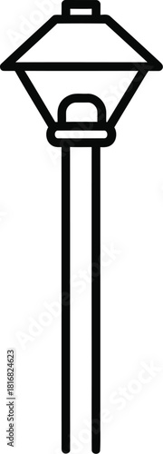 A simple black outline drawing of a classic street lamp post with a hexagonal lantern head and a single bulb isolated on a clean white background