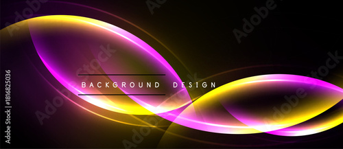 Abstract design features vibrant yellow, pink light curves against dark backdrop. Modern aesthetic, dynamic energy radiates from central elements.