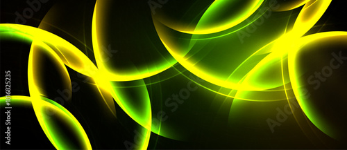 Abstract design features luminous curves, vibrant yellow, green hues. Dark background emphasizes flowing shapes, creating dynamic visual effect.