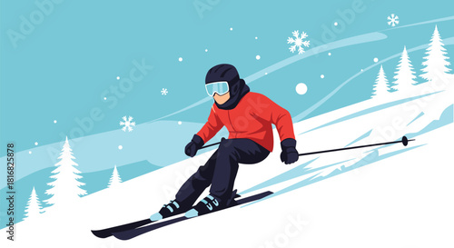 Person skiing down a snow-covered slope on a sunny winter day in a cartoon illustration with trees and snowflakes in the background.