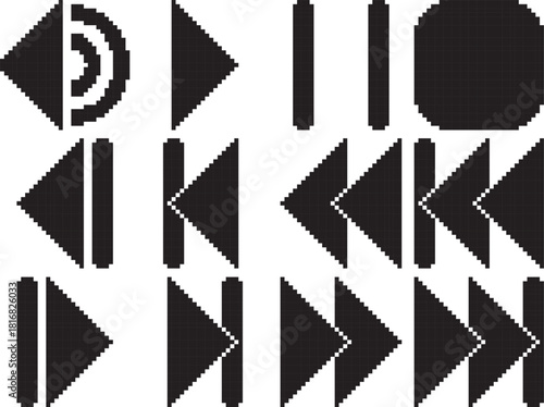 Rewind fast reverse back play stop pause volume forward fast forward next button icon bold black-white vector pixel art icon