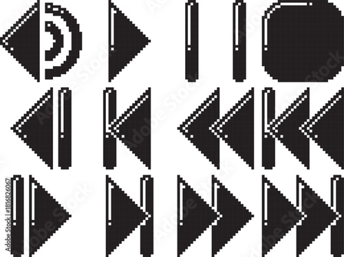 Rewind fast reverse back play stop pause volume forward fast forward next button icon highlight top left black-white vector pixel art icon