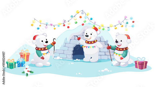 Cartoon polar bear cubs building a giant snow fort decorated with candy canes, bows, and glowing Christmas lights