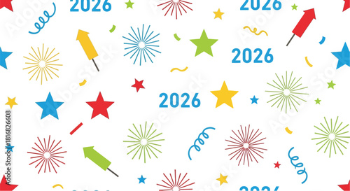 Collection of small festive icons including 2026, stars, and fireworks on Christmas white new year celebration