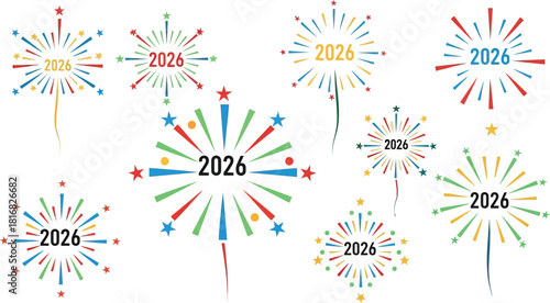 Group of colorful starburst icons with bright radiating lines on Christmas white explosion