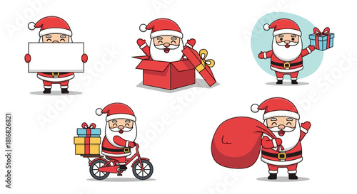 Christmas Santa Claus illustrations featuring various poses and actions for holiday celebrations