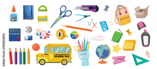 Cute school stationery. Set of school bags with books and pencils.