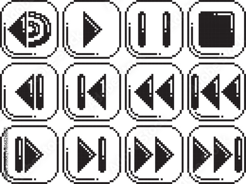 Rewind fast reverse back play stop pause volume forward fast forward next button icon black bighlight bottom left in button and bold detail white highlight black-white vector pixel art icon