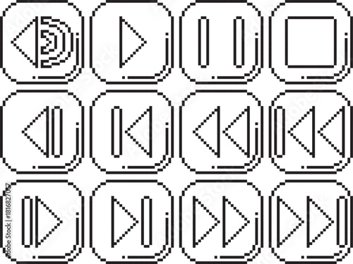 Rewind fast reverse back play stop pause volume forward fast forward next button icon thin line black and black highlight bottom right black-white vector pixel art icon