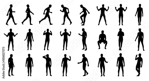 Black Silhouette Man Model Sheet Icon Set – 20 High Quality Vector Designs