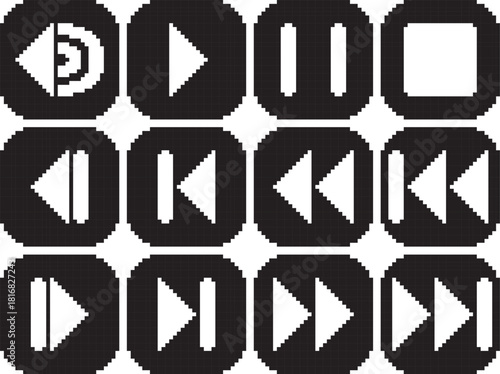 Rewind fast reverse back play stop pause volume forward fast forward next button icon bold white detail in button black-white vector pixel art icon