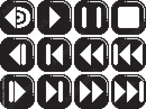 Rewind fast reverse back play stop pause volume forward fast forward next button icon white bighlight top right bold detail in button black-white vector pixel art icon