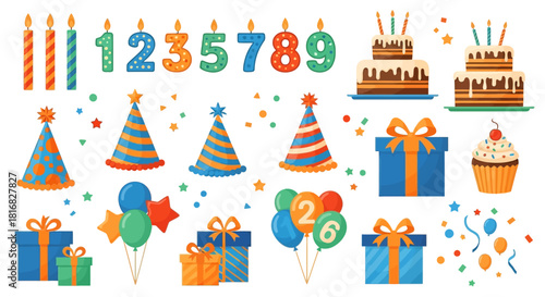 Birthday celebration elements including cakes, candles, gifts, and party hats, perfect for festive invitations and decorations