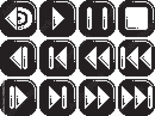 Rewind fast reverse back play stop pause volume forward fast forward next button icon white bighlight top right in button and bold detail black highlight black-white vector pixel art icon