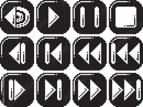 Rewind fast reverse back play stop pause volume forward fast forward next button icon white bighlight top left in button and bold detail black highlight black-white vector pixel art icon