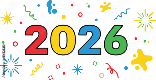 Festive 2026 New Year celebration with colorful stars and confetti on Christmas white background holiday