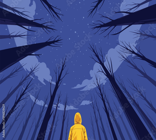 Illustration of a person in a yellow hoodie looks up at the starry night sky, framed by tall, dark trees in a forest, conveying a sense of wonder and contemplation