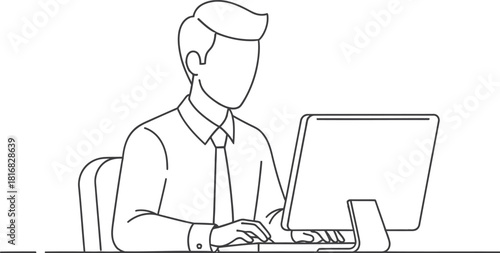 Minimalist single line drawing of a person working on a laptop at a desk line art Christmas