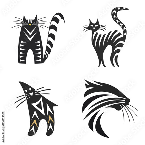 Vector black and white illustrations of cats in playful poses on a transparent background
