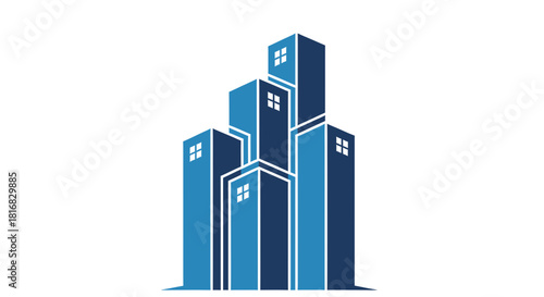 Abstract Architecture: Modern Blue Skyscraper Building Logo Design On White Background