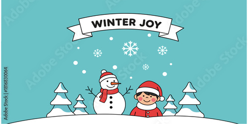 A cheerful and clean vector illustration featuring a pleasant winter scene. The text "WINTER JOY" is emblazoned on a white banner at the top.