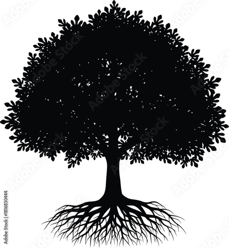 Black silhouette of a tree with roots, symbolizing life, growth, and strength, isolated on