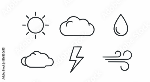 Vector collection of simple weather forecast icons. Thin line art symbols for sun, cloud, rain, wind, and thunderstorm for digital use