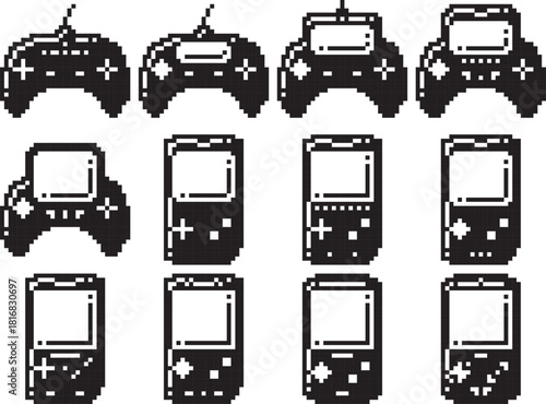 Joystick videogame controller icon highliht top left and detail black-white vector pixel art icon	
