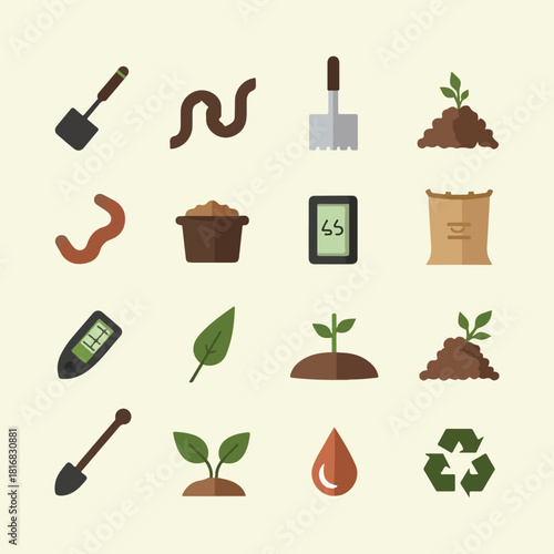 Soil health education and urban gardening flat vector set with farmers testing soil samples, plant roots, and kids learning about compost and soil layers