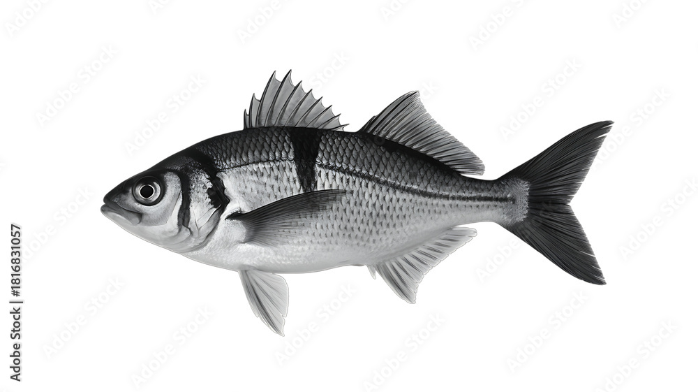 Obraz premium Black and White Fish – Transparent PNG, Marine Life Illustration, Ideal for Seafood, Aquarium & Eco Design.