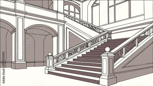 Workers assembling interior staircase structure while architects finalize 3D design model and material selection