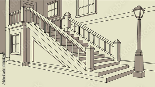 Workers assembling interior staircase structure while architects finalize 3D design model and material 