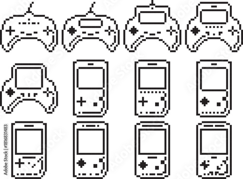 Joystick videogame controller icon white screen shadow bottom right black-white vector pixel art icon	