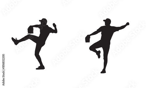Two baseball pitchers in action poses captured as dynamic black silhouettes