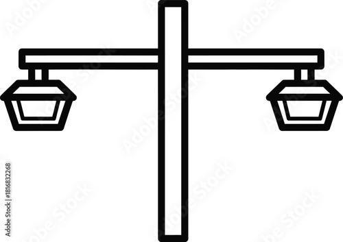 Simple black and white line art illustration of a double street lamp post with two lamps on either side against a white background