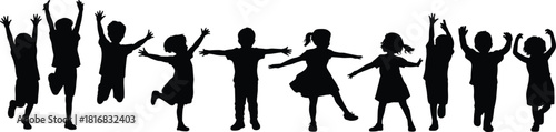 Children silhouette jumping, playful pose, joyful movement, dancing kids, happy gesture, youth energy, freedom, fun, excitement, childhood expression