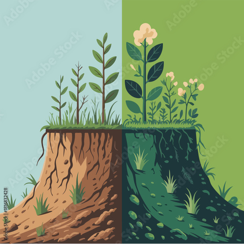Soil health education and urban gardening flat vector set with farmers testing soil samples, plant roots, and kids learning about compost and soil layers