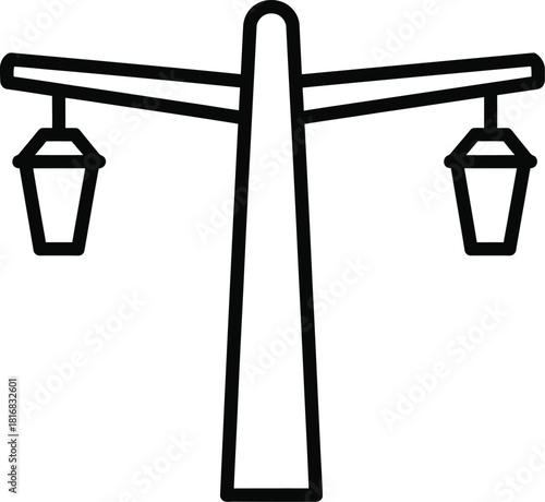 Simple black line art icon of a double street lamp post with two hanging lanterns on a white background representing outdoor lighting and urban infrastructure