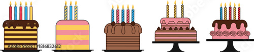 Colorful birthday cake collection illustration featuring layered desserts with candles, icing, and decorations for celebrations, party designs, and festive themes.