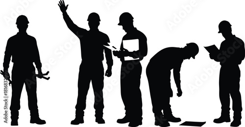 Construction worker silhouettes, industrial safety, hard hat professionals, engineering roles, job site activity, teamwork, inspection, planning, labor, tools