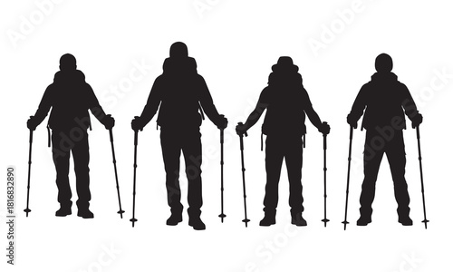 Four hikers in silhouette form with trekking poles against a white background silhouette
