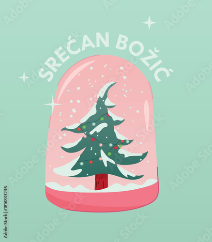 Cute cartoon Orthodox Christmas greeting card for serbian speaking countries including fir tree with a tilted top that grows in Serbia. Srećan Božić čestitka. Minimalistic pastel colors flat design.
