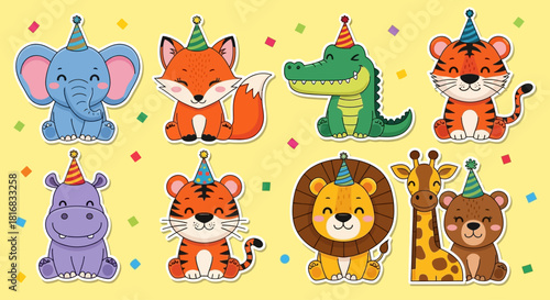 Cute cartoon animals wearing party hats, celebrating a joyful occasion with confetti