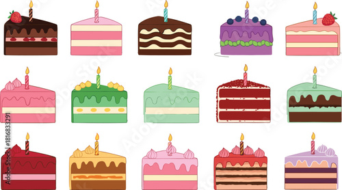 Colorful cute birthday cake slice vector collection featuring assorted frosting designs, candles, fruits, and decorative dessert elements for celebration illustrations.