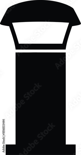 A simple black silhouette of a modern bollard light with a rounded top and a rectangular base isolated on a white background representing outdoor illumination and pathway marking