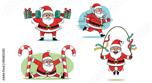 Festive Santa Claus with Christmas Gifts, Candy Canes, and Lights Performing Various Activities